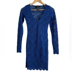 Reynah Couture Women's Royal Blue Long Sleeve Midi Fitted Lace Dress Size Small